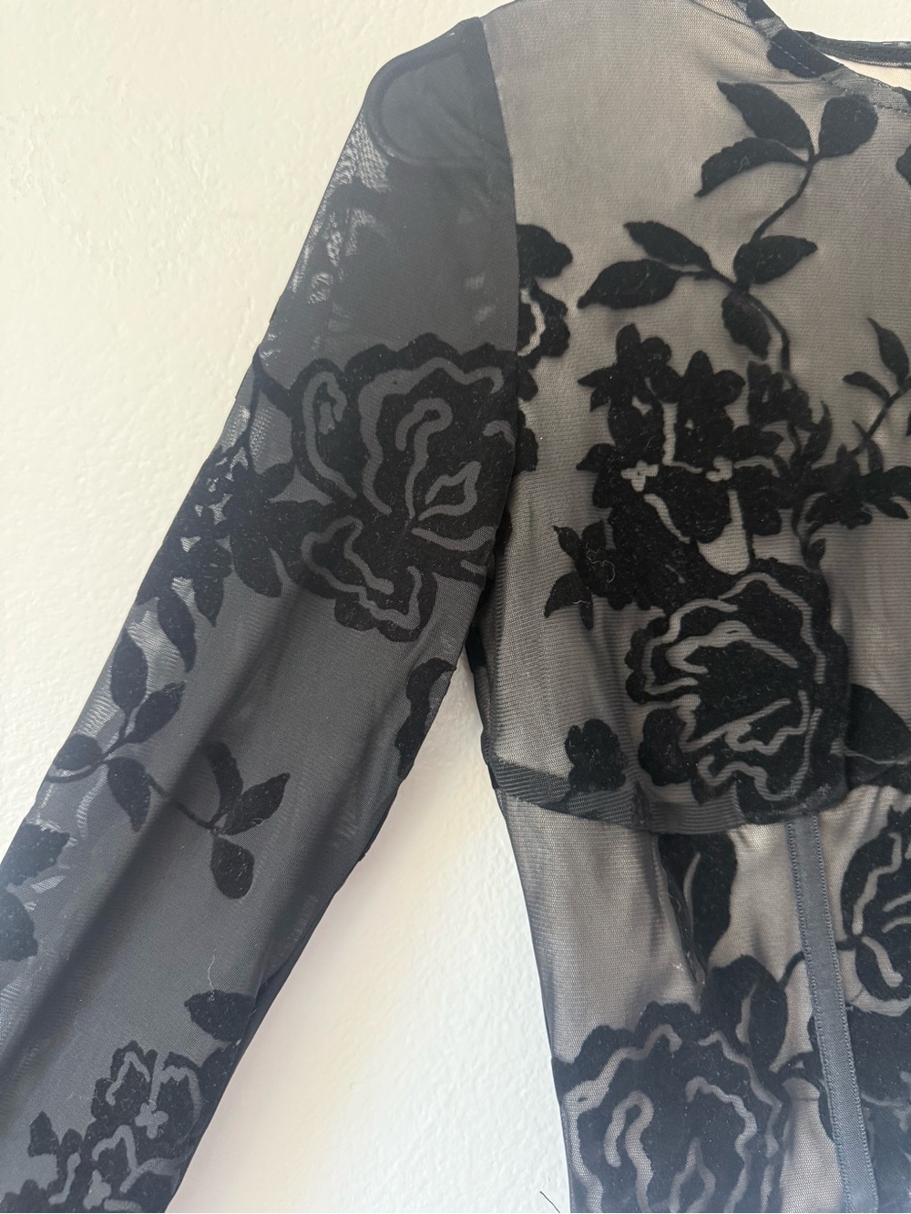 Chelsea & Violet Black Sheer Floral Flocked Long Sleeve Top